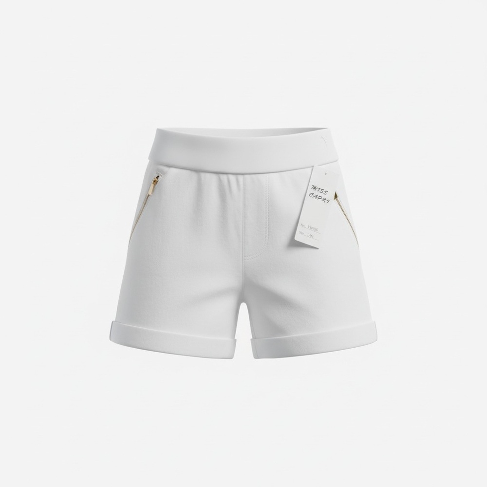 Miss Capri White Stretch Shorts L/XL Gold Zipper Cuffed Hem Cotton Blend | NWT